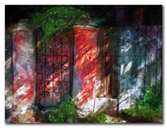 red gate to overgrown courtyard